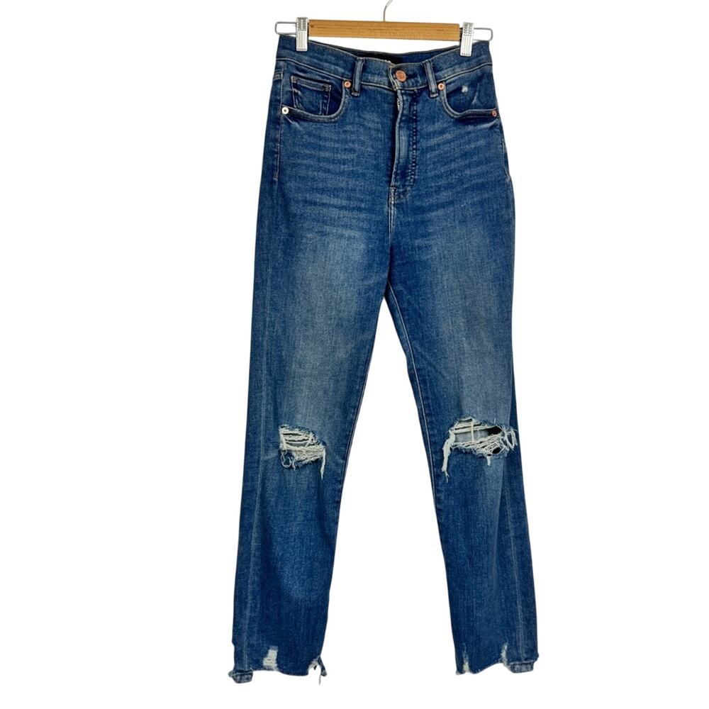 Express Blue Super High Rise Distressed Slim Ankle Jeans Womens 2 Raw Hem Denim